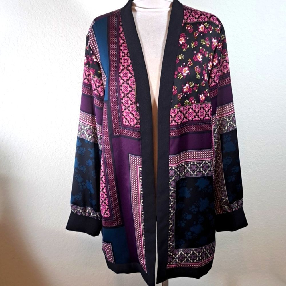 Chico’s Women’s Jacket Size L Cardigan Kimono Patchwork V-Neck Long Sleeve Lined